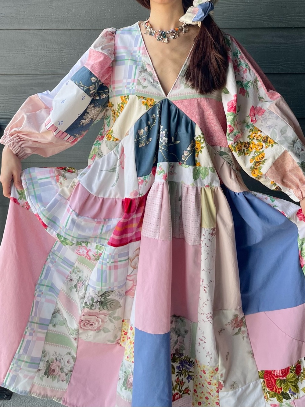 Cloudy Dress | Handmade V-Neck Patchwork Dress in Rose Canvas SKU 08212